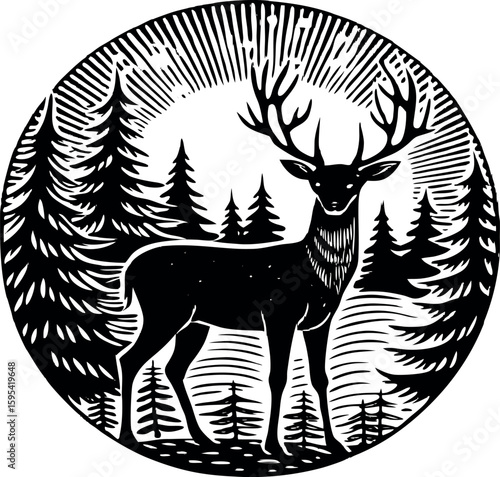 Silhouette of a deer standing in a forest clearing with sunset in the background