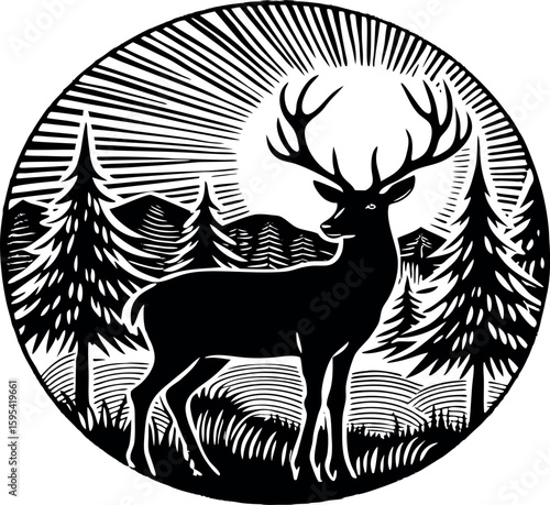 Silhouette of a deer standing in a forest clearing with sunset in the background