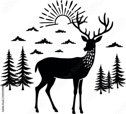 Silhouette of a deer standing in a forest clearing with sunset in the background