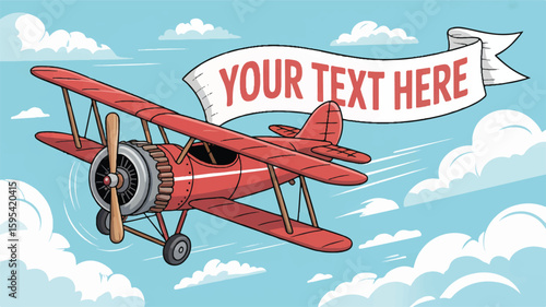 Red biplane flying through clouds with banner airplane