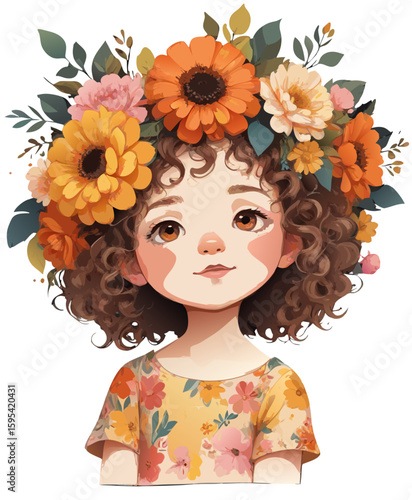 "Curious Orange Sunflower Crown Girl Vector - Curly Haired Cartoon Child Looking Sideways with Blooms, Adventurous Digital Art for Autumn Themes"