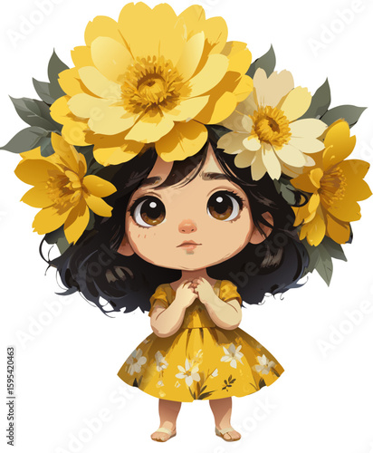 "Hopeful Yellow Flower Crown Girl Illustration - Black Haired Cute Cartoon with Clasped Hands and Blooms, Inspirational Digital Design for Motivation" (130 characters)