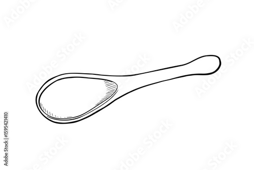 Single wooden spoon outline vector illustration isolated on white. Cooking spoon, kitchen utensil of wood, cutlery black white drawing. Spoon for cookbook, recipe, food label, packaging.