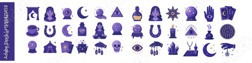 Vector icon set of mystical symbols and objects in purple tones  