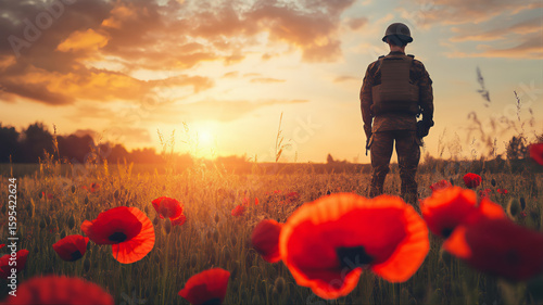 Poppy field soldier veteran's day war-torn. Poppies and soldier golden state soldier warrior silhouette. Memorial day wallpaper, soldier in the field, rememberance poppy. Soldier poppy Armistice Day