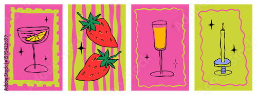 Italian amalfi poster in hand drawn style. Summer poster with fruit citrus and wine. Hand drawn sketch Italian food and drink. Vector illustration amalfi cover