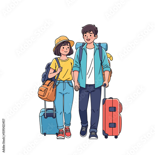 Couple's joyful travel with luggage for vacation abroad 