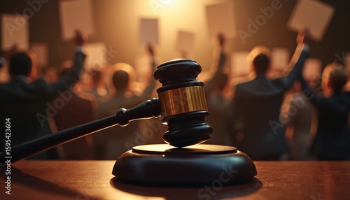 Gavel striking sound block during auction. Dramatic lighting on wooden hammer. Blurred background shows bidders raising hands with bid cards, intense bidding activity. Commerce, legal, business.