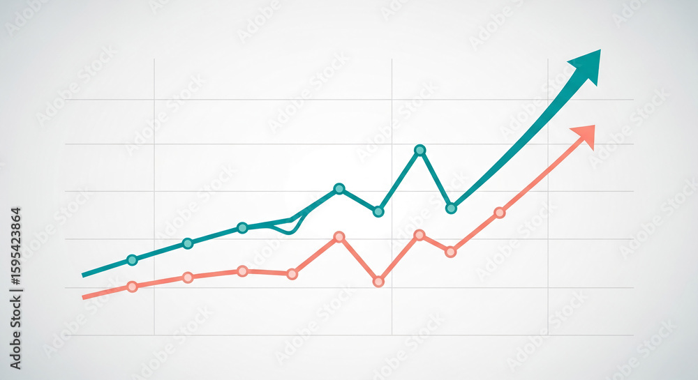 Obraz premium Two upward-trending lines graph, teal and coral, on a white grid background, showcasing growth and progress, ideal for business presentations or reports