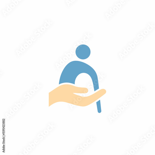 A light-blue figure supported by a light-beige hand, symbolizing care and assistance.