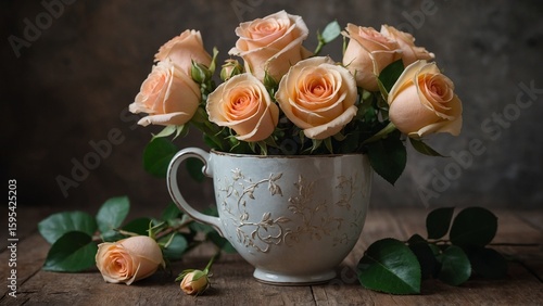 Close-up arrangement of flowers. Beautiful handmade bouquet of roses and greenery in a large cup on a rustic background. Great gift for Mothers Day, March 8 or Valentines Day


