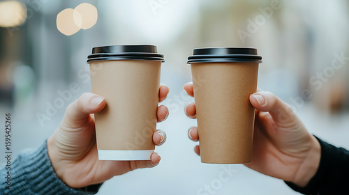 Cheers to coffee! Two hands hold takeaway cups against a blurred city backdrop, inviting you to savor the moment and enjoy a caffeinated break.