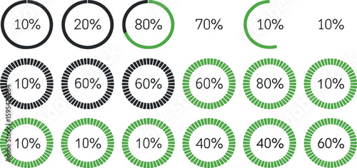 Circular progress bar icons, black and green ring chart, 16 data rings, 0 to 100 percent scale, digital graphic set, clean modern layout, tech minimal visuals