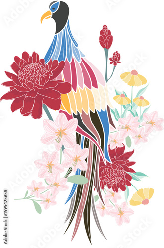colorful bird and red, pink flowers. Torch ginger