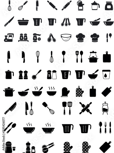 Kitchen utensils and cooking tools vector icons set for culinary and food preparation designs and projects on transparent background
