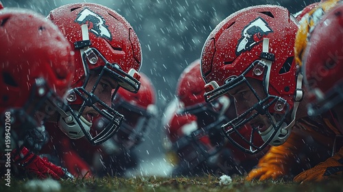 Rainy Day Football: American Football Players Huddle in the Downpour
