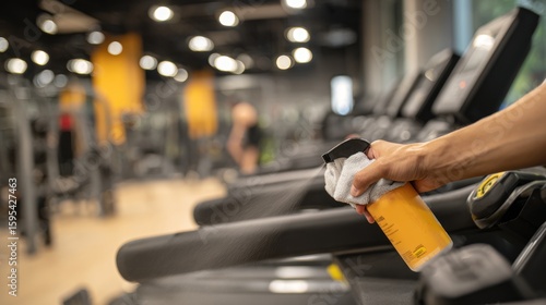Person cleaning a gym treadmill