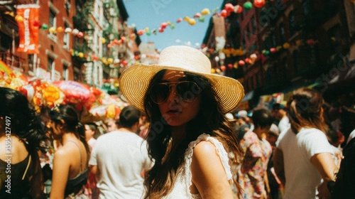Woman in a crowded city street fair