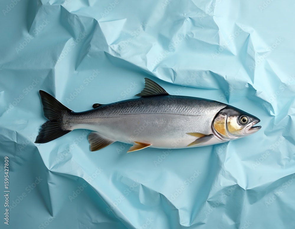 Obraz premium Whole fresh salmon presented on crumpled light blue paper. Simple, minimalist composition highlights fishs natural texture, organic quality. Rustic paper background, combined with close-up view,
