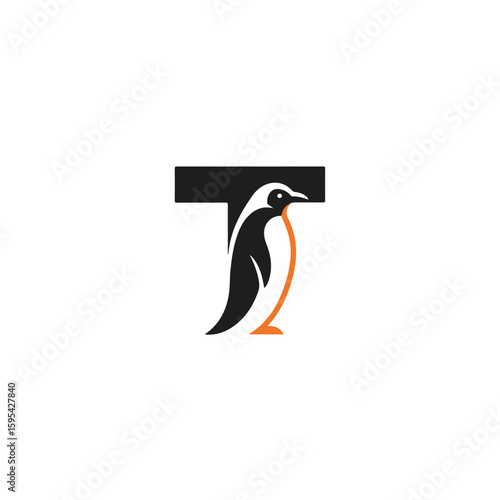 Penguin Inside Letter T Logo Design for Animal Letter Branding