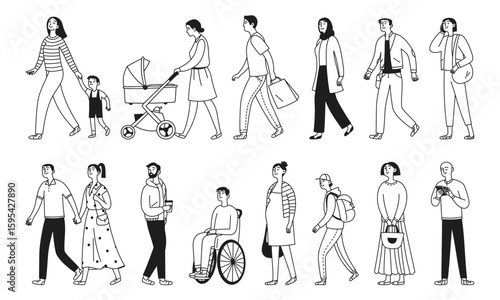 Set of people doing something. Crowd of people. Diversity and inclusion. Men, women and teenagers, people with disabilities. Vector illustration in doodle style.