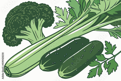 dark green leafy vegetables,fresh broccoli,cucumbers,celery,parsley,close up,vibrant,photorealistic,high quality