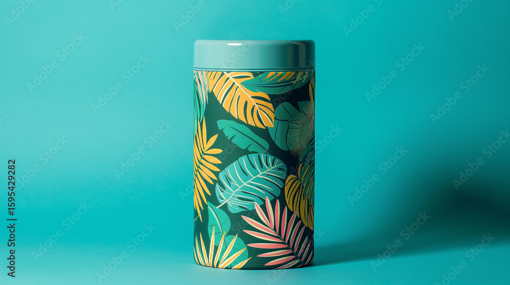 Obraz premium A Refreshing Tropical Leaf Patterned Cylinder Container with a Teal Colored Cap Against a Teal Background