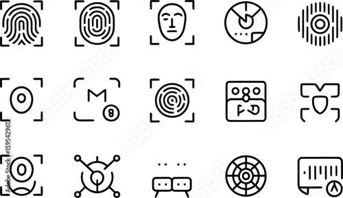 Collection of biometric security and identification icons.A set of simple line art icons representing various biometric identification methods including fingerprints, facial recognition, and iris scan