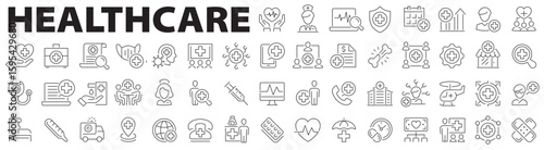 Healthcare line icon set. Prevention, medical, health, diagnosis, report, illness, injury, treatment, emergency, doctor, medical, diagnosis, health and more. Editable stroke. Vector illustration