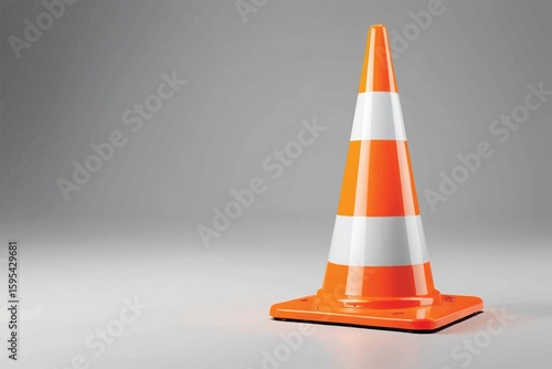 Traffic safety cone with bright orange and white stripes, positioned vertically against transparent backdrop, highlighting roadwork equipment