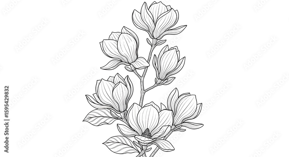 Fototapeta  Elegant Hand-Drawn Magnolia Branch Botanical Illustration