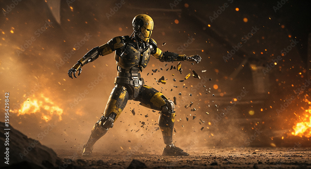 Fototapeta premium Combat-ready yellow and black robot in a fiery dystopian scene