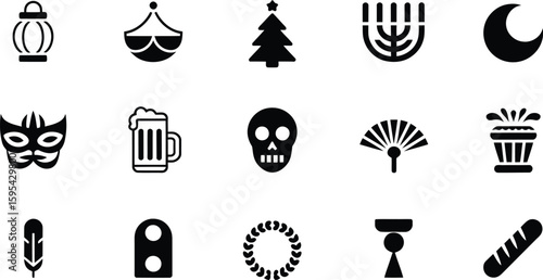 Collection of diverse black and white icons representing celebrations and symbols.