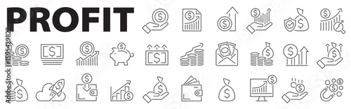 Profit icon set. Income, salary, money, business, gain, sales, investment, earnings, finance, wealth, chart and more. Editable stroke. Vector illustration