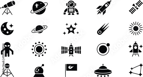 Collection of space and astronomy icons in black and white