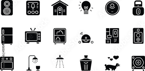 Collection of black and white icons representing smart home devices and appliances