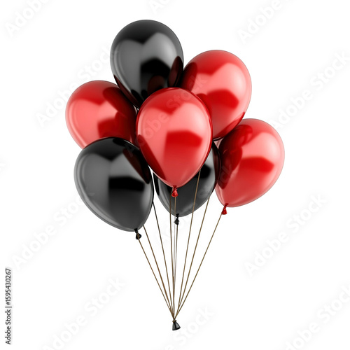 Red and black helium balloons cluster isolated on transparent white background png, clipping path