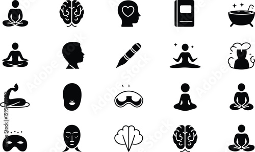 Collection of icons representing mindfulness meditation and mental well being