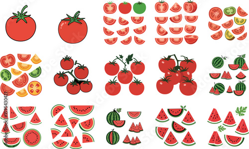 Vibrant collection of fresh red tomatoes and sliced watermelons displayed in a lively assortment of shapes and sizes