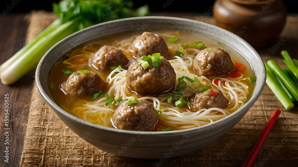 Delicious Indonesia Meat Ball Noodle Soup with Herbs and Chili on White Background Delicious Indonesia Meat Ball Noodle Soup with Herbs and Chili on White Background