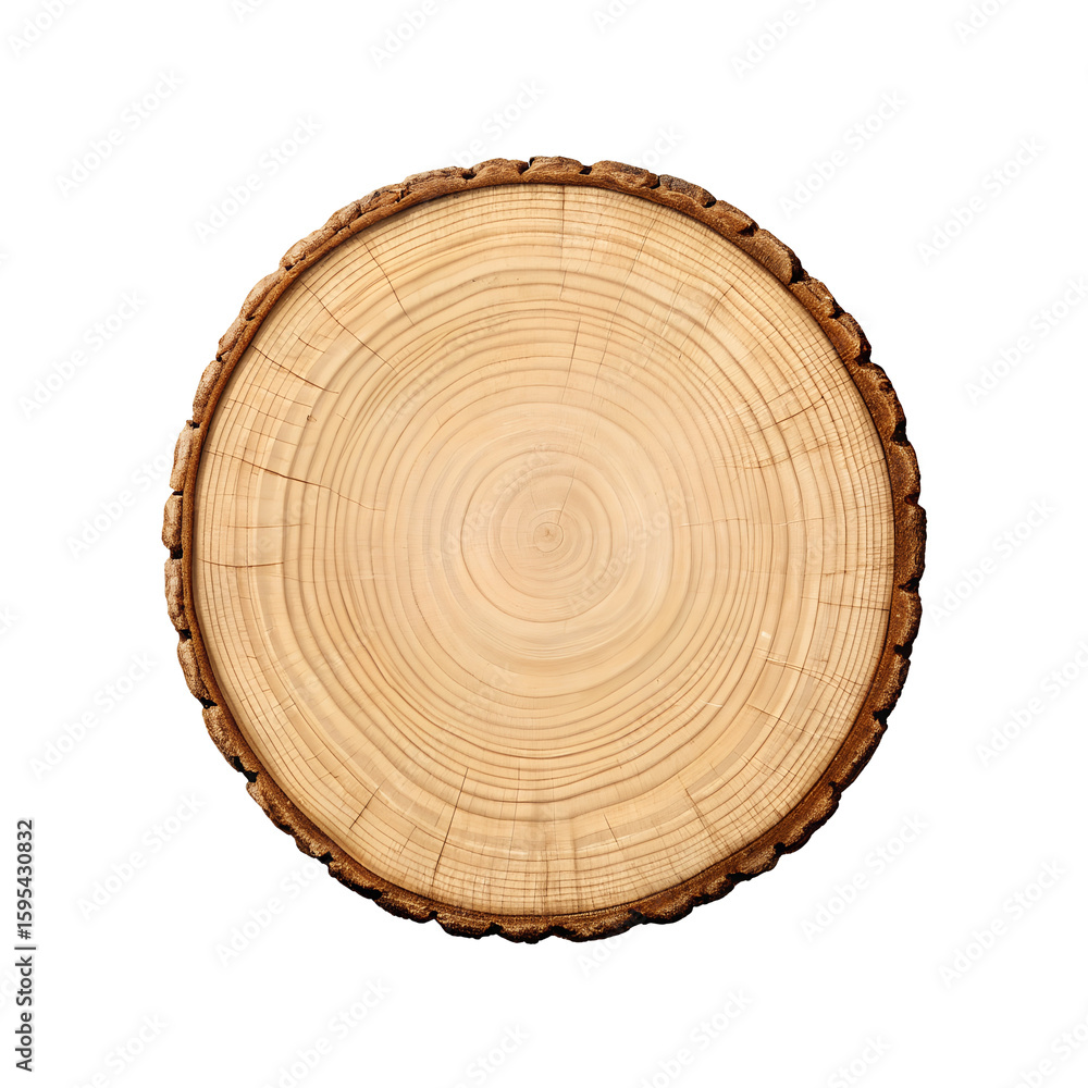 Fototapeta premium Natural wood slice with growth rings and bark isolated on transparent background