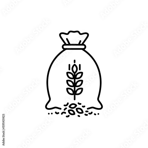 Sack of grains spilling rustic agriculture black line icon