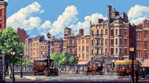 Retro pixel city street with classic buildings and vintage cars background,Generative Ai