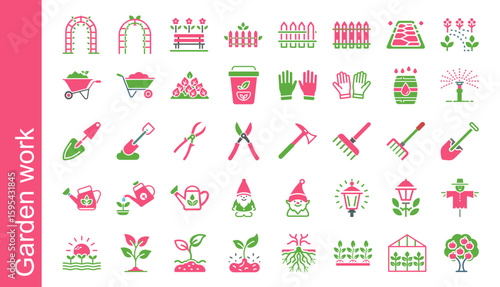 Garden work icons set in vibrant colors for outdoor activities  