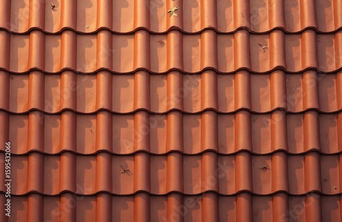 Terracotta roof tiles pattern, classic building material providing weather protection. Texture features interlocking pantiles creating shadow lines. Useful for architectural backgrounds, home