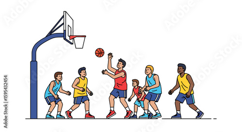 Dynamic Illustration of a Basketball Game with Six Players Engaged in Intense Action Under the Hoop