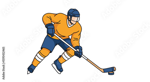 Dynamic Illustration of a Hockey Player in Action with Blue and Yellow Gear