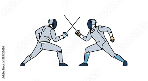 Dynamic Illustration of Two Fencers Engaged in an Intense Duel with Swords