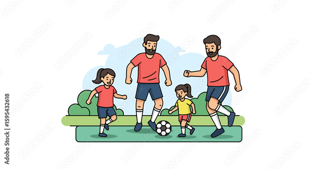 Illustration of a Family Playing Soccer Outdoors in Casual Sportswear with Lush Green Trees Illustration of a Family Playing Soccer Outdoors in Casual Sportswear with Lush Green Trees