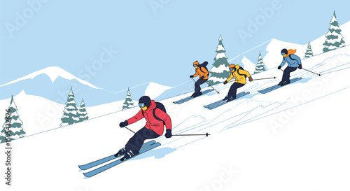 Four skiers descending a snowy mountain slope on a winter day with trees and mountains in the background